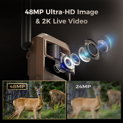 Loatos 48MP Trail Camera, AI Animal Detection Cellular Trail Camera 2K Live 4G LTE Built-in-SIM Real-Time Alert 0.1s Trigger Game Cameras with Night Vision Motion Activated Waterproof IP66 Trail Cam