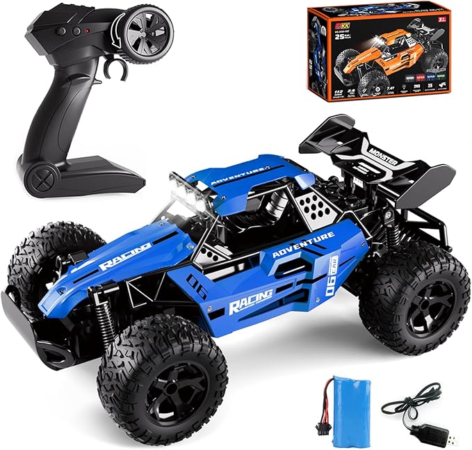 RC Monster Truck for Kids Ages 4–8 1:12 Remote Control Car with Alloy Shell 15.5 MPH (25KM/H) Fast Off Road Blue RC Car with 2 Speed Modes &amp LED Lights 2.4GHz Easy Control Toy Gift for Boys