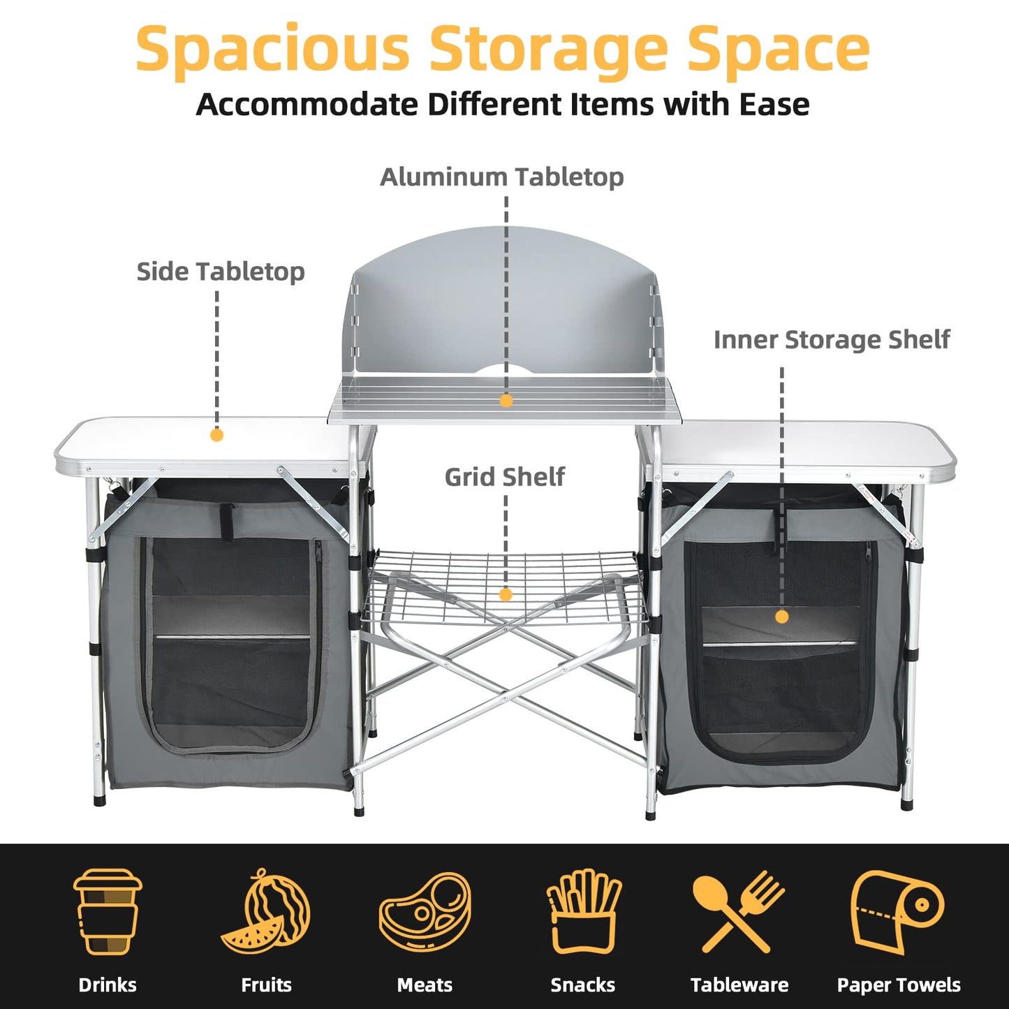 Giantex Camping Kitchen Station, Folding Grill Table with 26'' Tabletop, 2 Side Tables, Storage Organizer, Detachable Windscreen, Portable Camp Cook Outdoor Prep Station Backyard BBQ Picnic (Grey)
