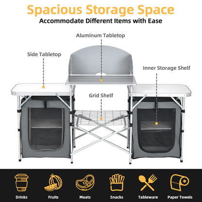 Giantex Camping Kitchen Station, Folding Grill Table with 26'' Tabletop, 2 Side Tables, Storage Organizer, Detachable Windscreen, Portable Camp Cook Outdoor Prep Station Backyard BBQ Picnic (Grey)