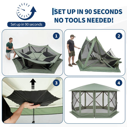 GarveeHome 13x13FT Pop Up Gazebo Screen Tent, 6-Sided Canopy with Starry Sky Top, 210D Oxford Water-Proof Instant Shelter with Mosquito Netting for Backyard Camping, Green & Gray