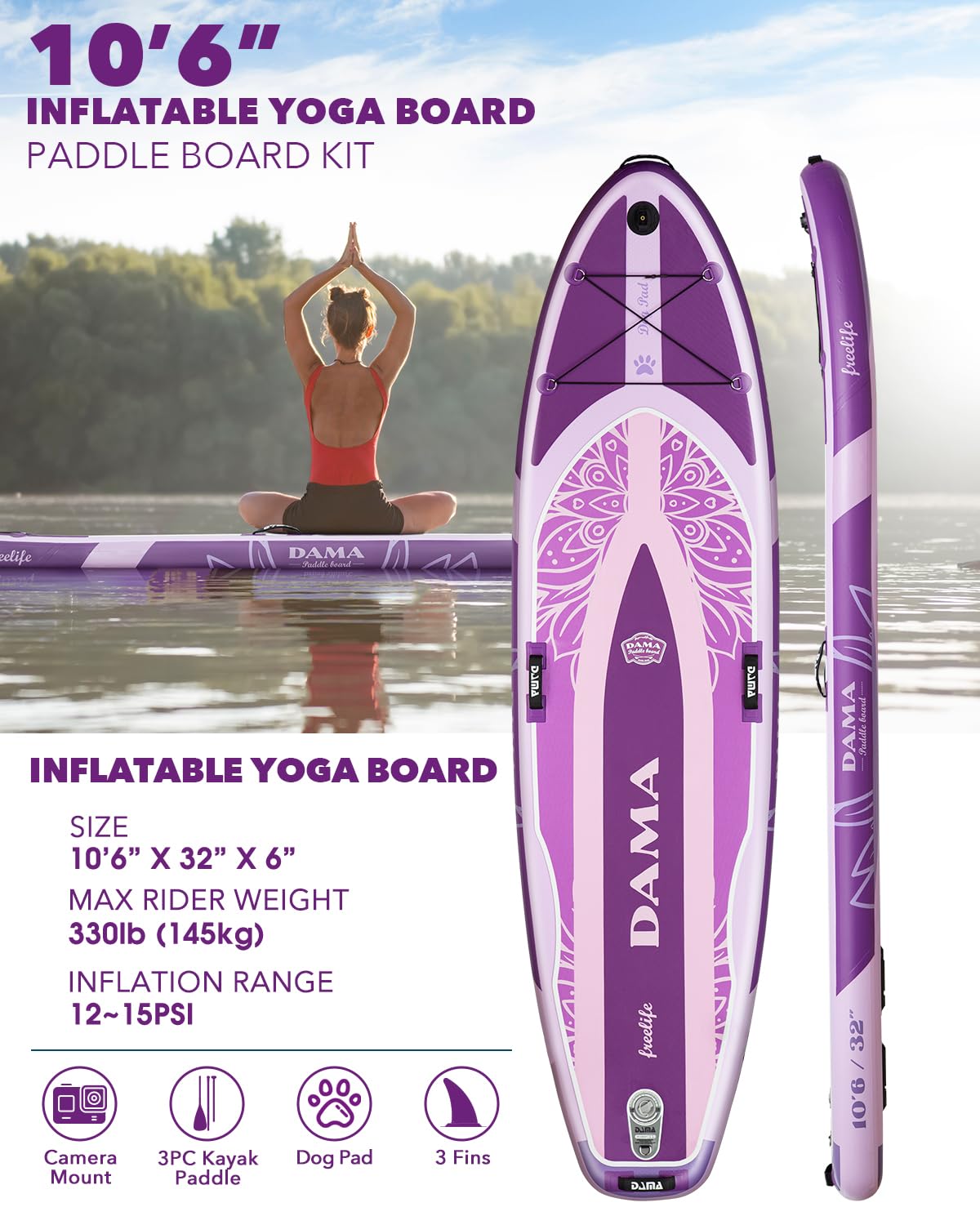 DAMA Premium Yoga&Pets Inflatable Stand Up Paddle Board, 33” Extra Wide Sup Board for Adult on Water, 330lbs Yoga Boardd with Durable SUP Accessories & Carry Bag