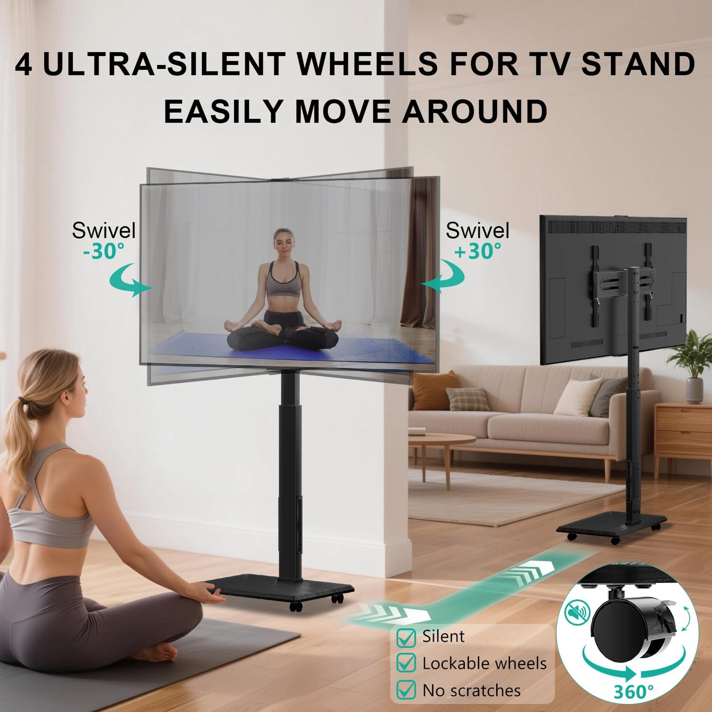 WALI Rolling TV Stand with Power Outlet, Mobile Tall TV Stand Mount on Wheels for 39-75 inch TV up to 110 lbs, Swivel Height Adjustable TV Cart with Wood Base for Bedroom(TVDVD-7PR), Black