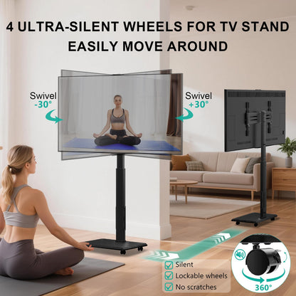 WALI Rolling TV Stand with Power Outlet, Mobile Tall TV Stand Mount on Wheels for 39-75 inch TV up to 110 lbs, Swivel Height Adjustable TV Cart with Wood Base for Bedroom(TVDVD-7PR), Black