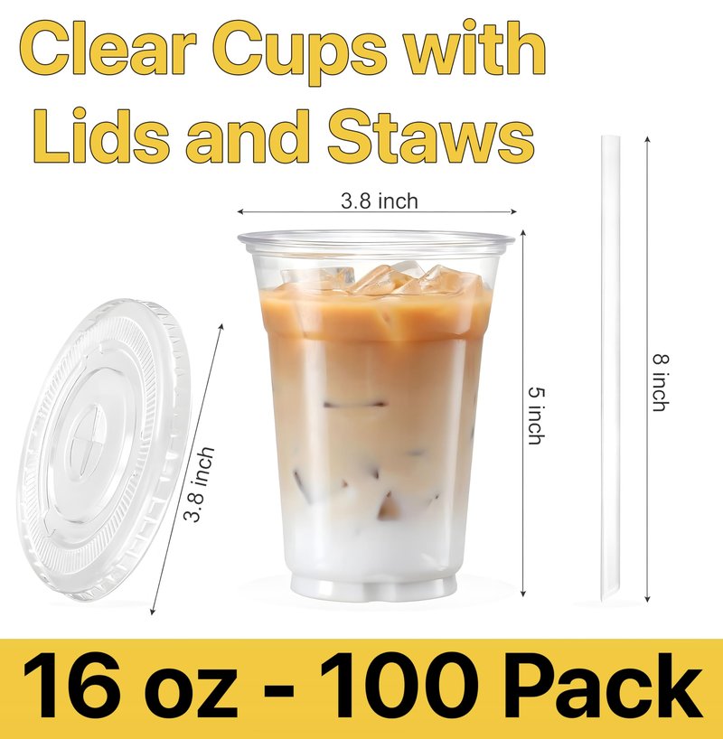 Pokanic Plastic Clear Cups [16 oz] with Lids and Straws [100 Set] Disposable Cold Beverage Drinking Iced Coffee Water Juice Tea Party Travel Cafe School Office Home Kitchen (100 Set, 16 oz)