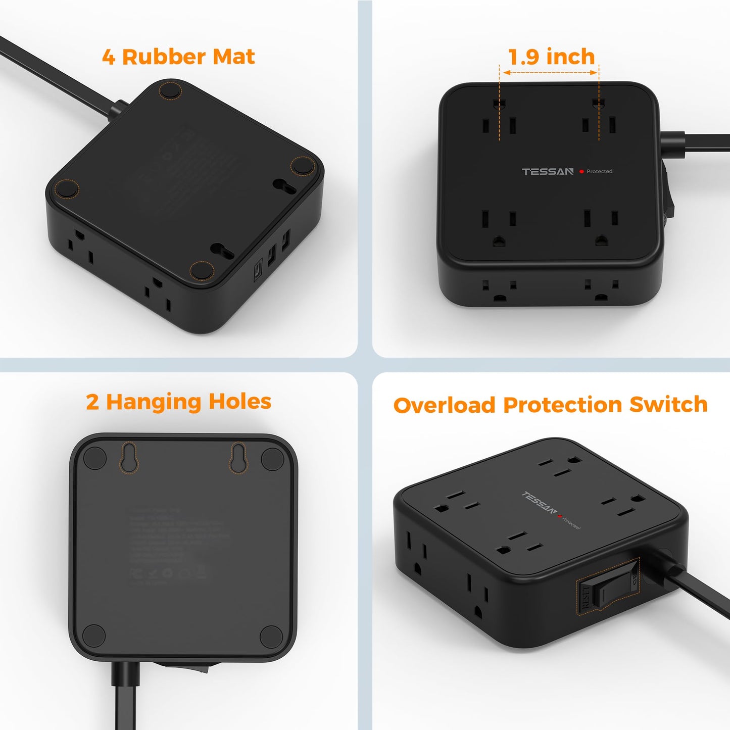 TESSAN Surge Protector Power Strip, 5 Ft Flat Plug Extension Cord with 3 USB (1 USB C) 8 Outlets, 900J Surge Protection, 3 Sided Outlet Extender with Power Switch for Office, Dorm Room Essentials