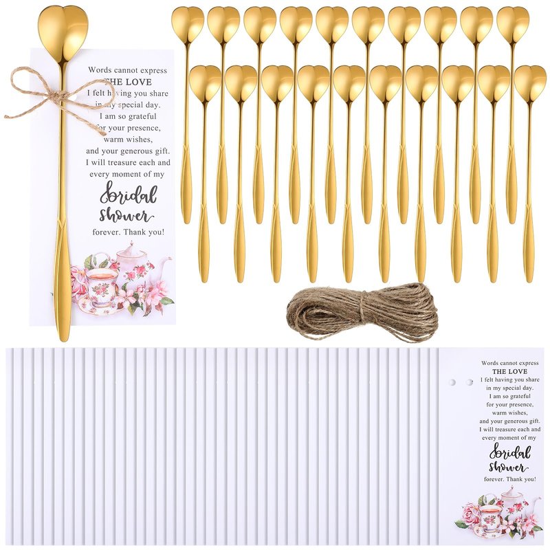 Skybooly Tea Party Bridal Shower Favors Mini Coffee Spoons Small Tea Spoons Heart Shaped Spoon with Bridal Shower Thank You Cards and Hemp Rope Wedding Souvenirs Tea Party Favor (50, Gold)