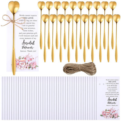Skybooly Tea Party Bridal Shower Favors Mini Coffee Spoons Small Tea Spoons Heart Shaped Spoon with Bridal Shower Thank You Cards and Hemp Rope Wedding Souvenirs Tea Party Favor (50, Gold)