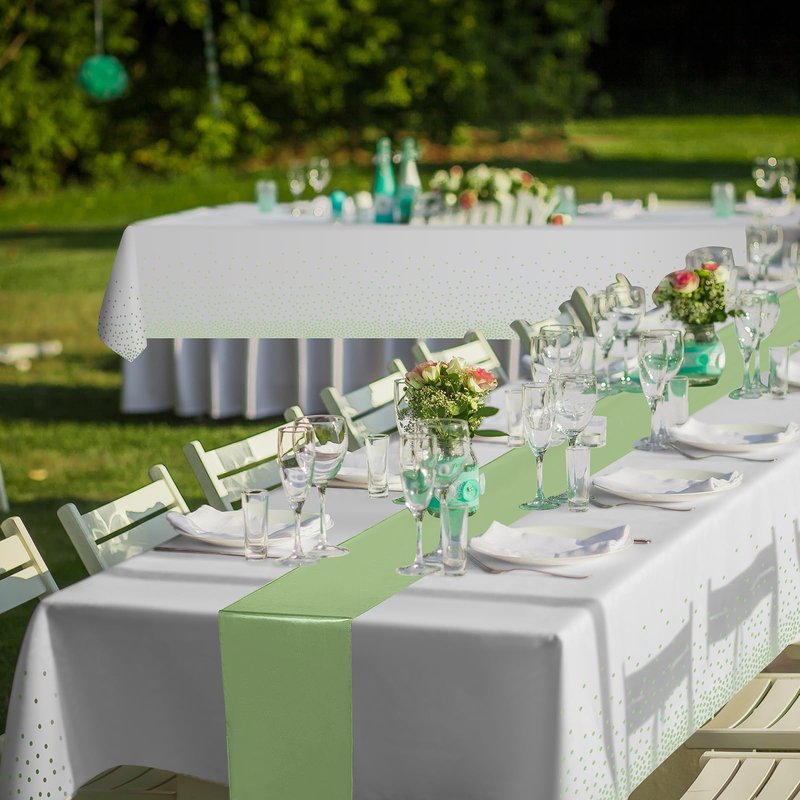 8Pack Plastic Tablecloths and Satin Table Runner Set Disposable White and Sage Green Dot Table Cloth Green Satin Table Runner for Wedding Birthday Baby Shower Anniversary Holiday Party Decorations