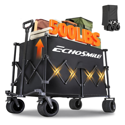 EchoSmile Collapsible Foldable Extended Wagon with 500Lbs Weight Capacity, 300L Folding Utility Wagon Cart with Big All-Terrain Wheels for Beach,Sport,Garden&Grocery (Black)