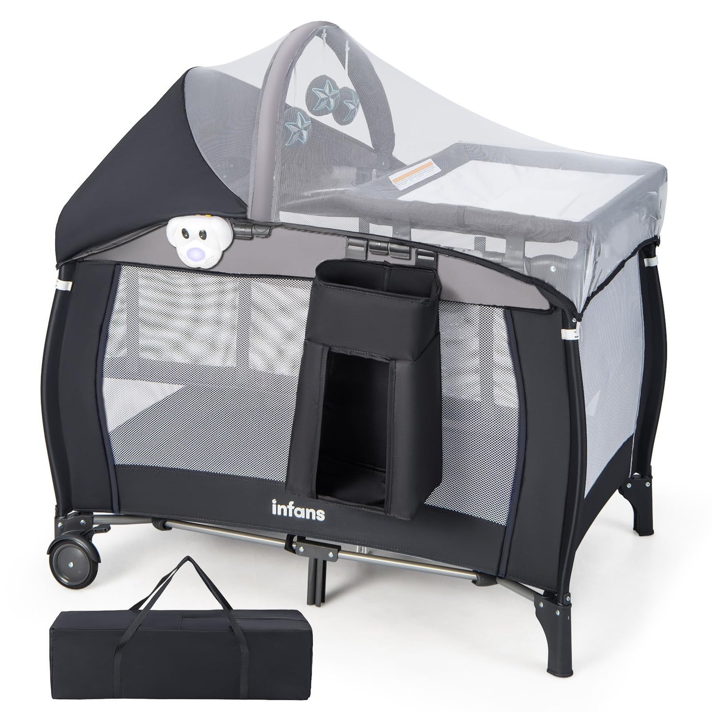 INFANS 4 in 1 Pack and Play, Portable Travel Baby Playard with Bassinet, Changing Table, Canopy, Mosquito Net, Hanging Toys, Music Box, Storage Bag, Large Playpen from Newborn to Toddlers (Black)