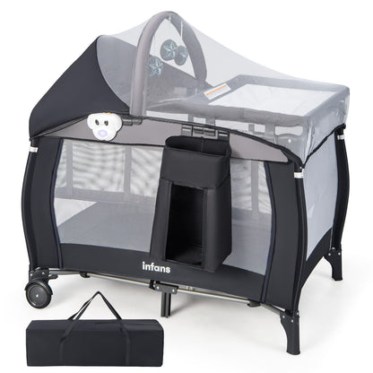 INFANS 4 in 1 Pack and Play, Portable Travel Baby Playard with Bassinet, Changing Table, Canopy, Mosquito Net, Hanging Toys, Music Box, Storage Bag, Large Playpen from Newborn to Toddlers (Black)
