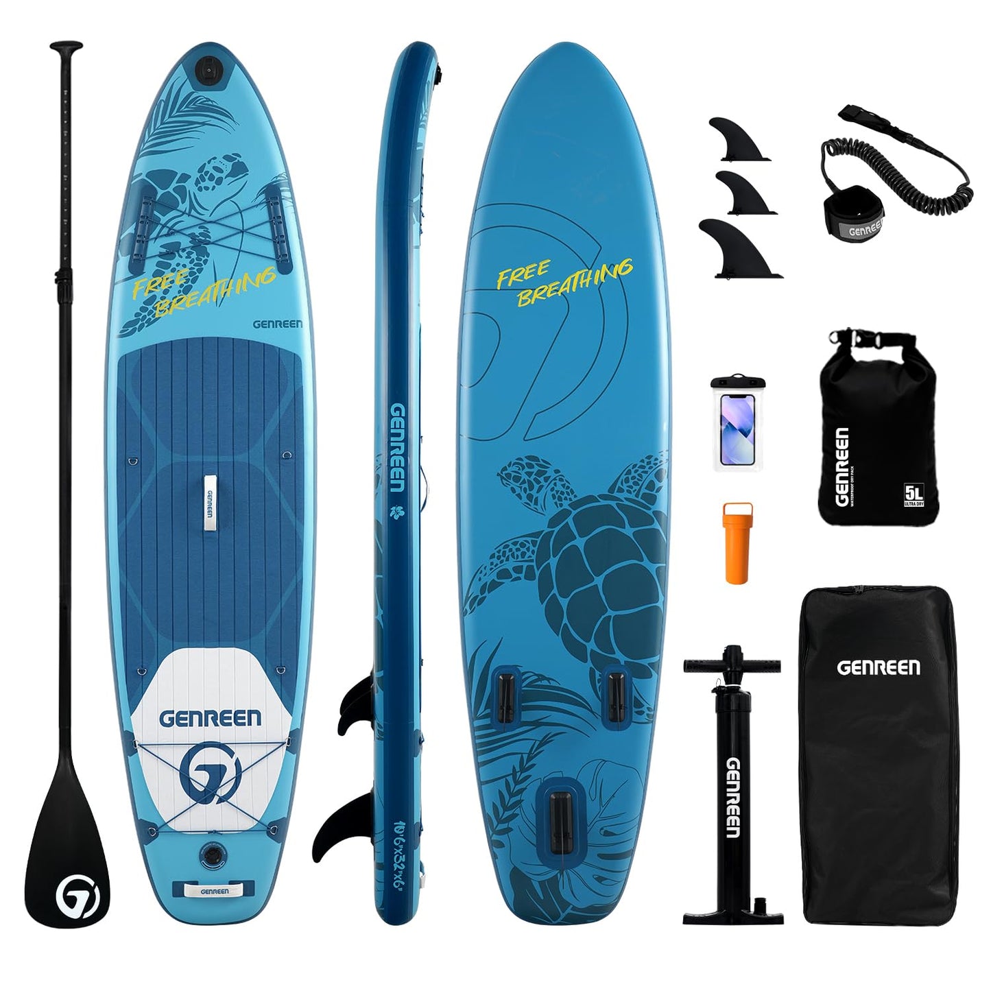 GENREEN Inflatable Stand-Up Paddle Boards - 11' x 32" Extra Wide Inflatable Paddle Board with SUP Accessories, Camera Bracket, Turtle Pattern, Basic All-Around SUP Board for All Skill Levels(Kempii)