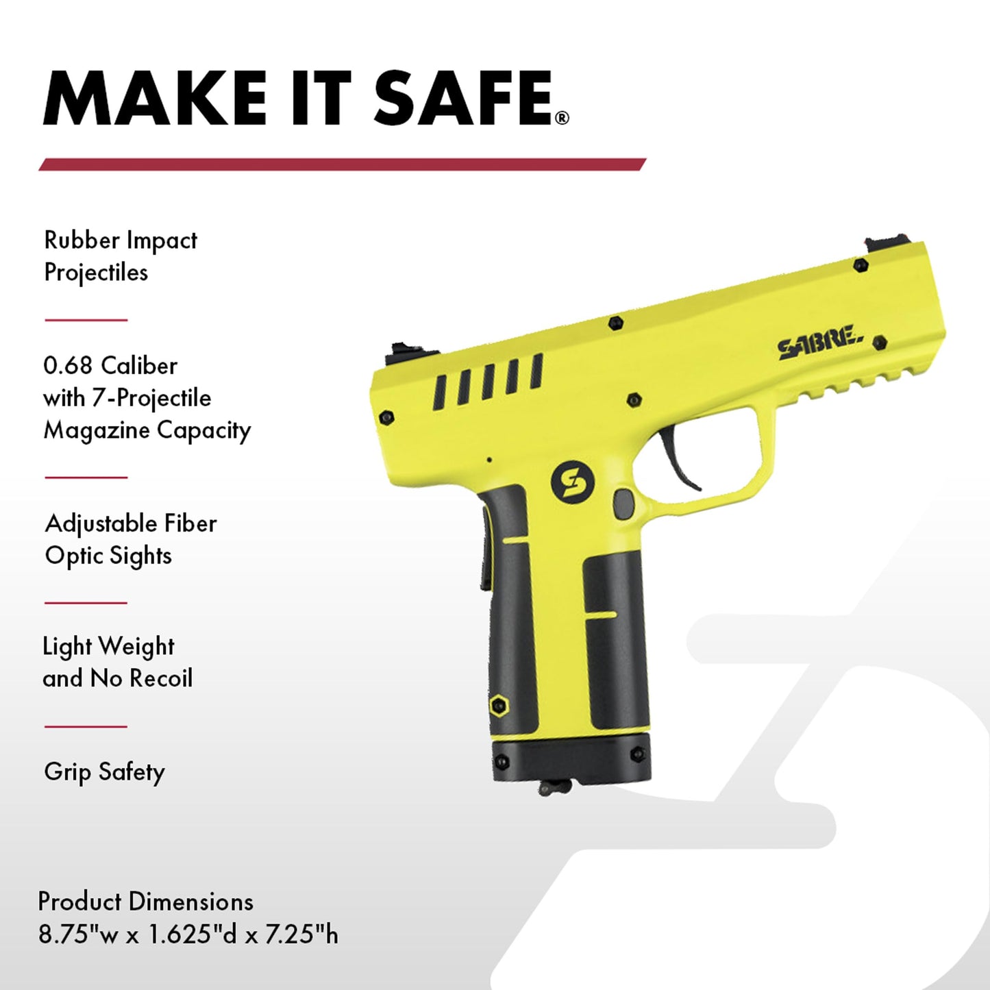 Sabre Home Defense Projectile Launcher, Large Size with (7) 0.68 Cal. Impact Projectiles, 40% More Stopping Power for Extra Home Protection, Holds Up to 7 Projectiles