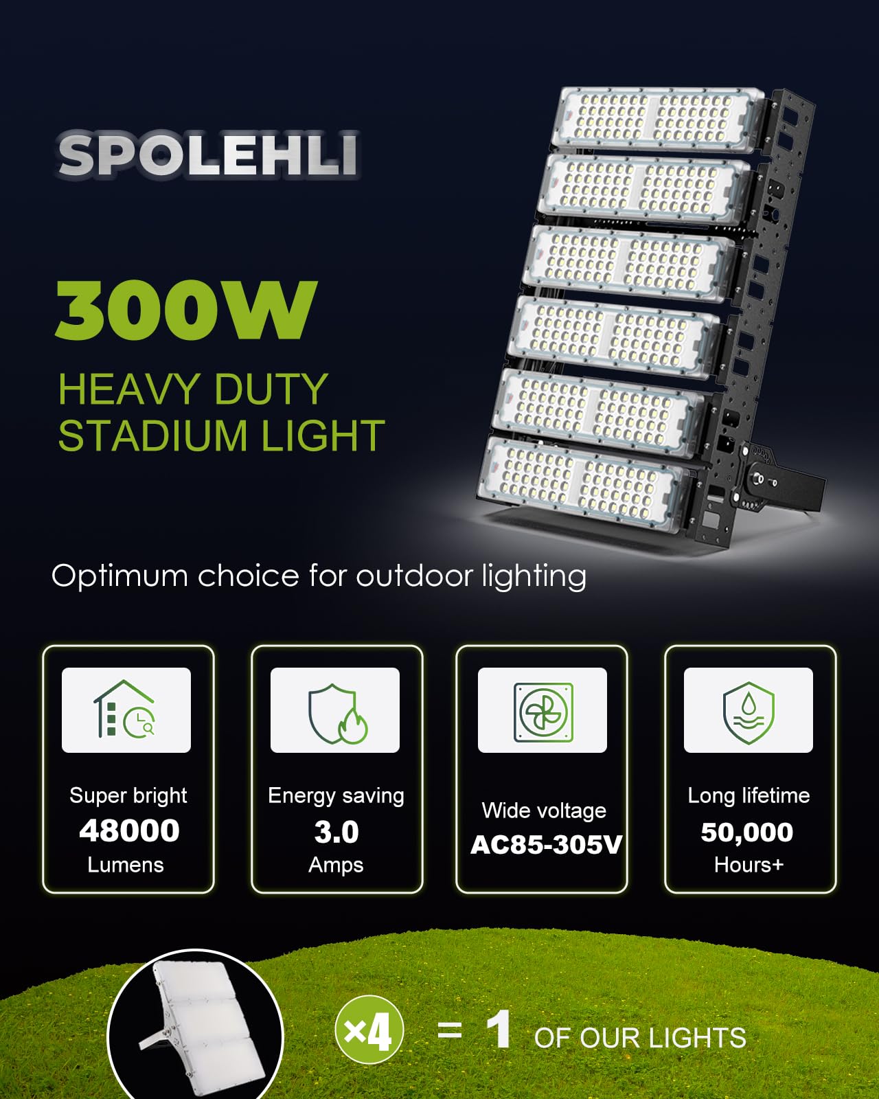 LED Stadium Light – 2000W Equivalent High Mast Flood Light 48,000LM, IP66 Waterproof, 50,000Hrs Lifespan, 120° Wide Beam for Tunnels/Parking Lots/Fields – Super Bright & Energy-Saving (300W, 85V-305V)