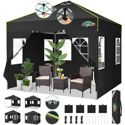 COBIZI 10x10 Pop Up Canopy Tent with 4 Removable Sidewalls, One Push Party Tent Outdoor Waterproof Event Canopy with Air Vent for Parties Commercial Wedding, 3 Height, Carry Bag, Sandbag, Black