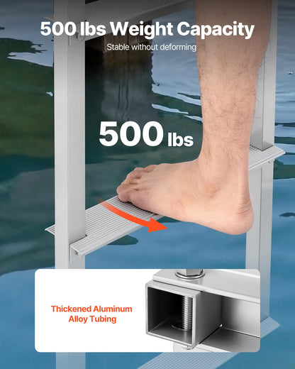 VEVOR Removable Dock Ladder, 4 Steps, Aluminum Alloy Pontoon Boat Swim Ladder, with Non-Slip Wide Steps, 500 lbs Weight Capacity, Quick Release Design, for Lake Swimming, Pool, Boat, Marine Boarding