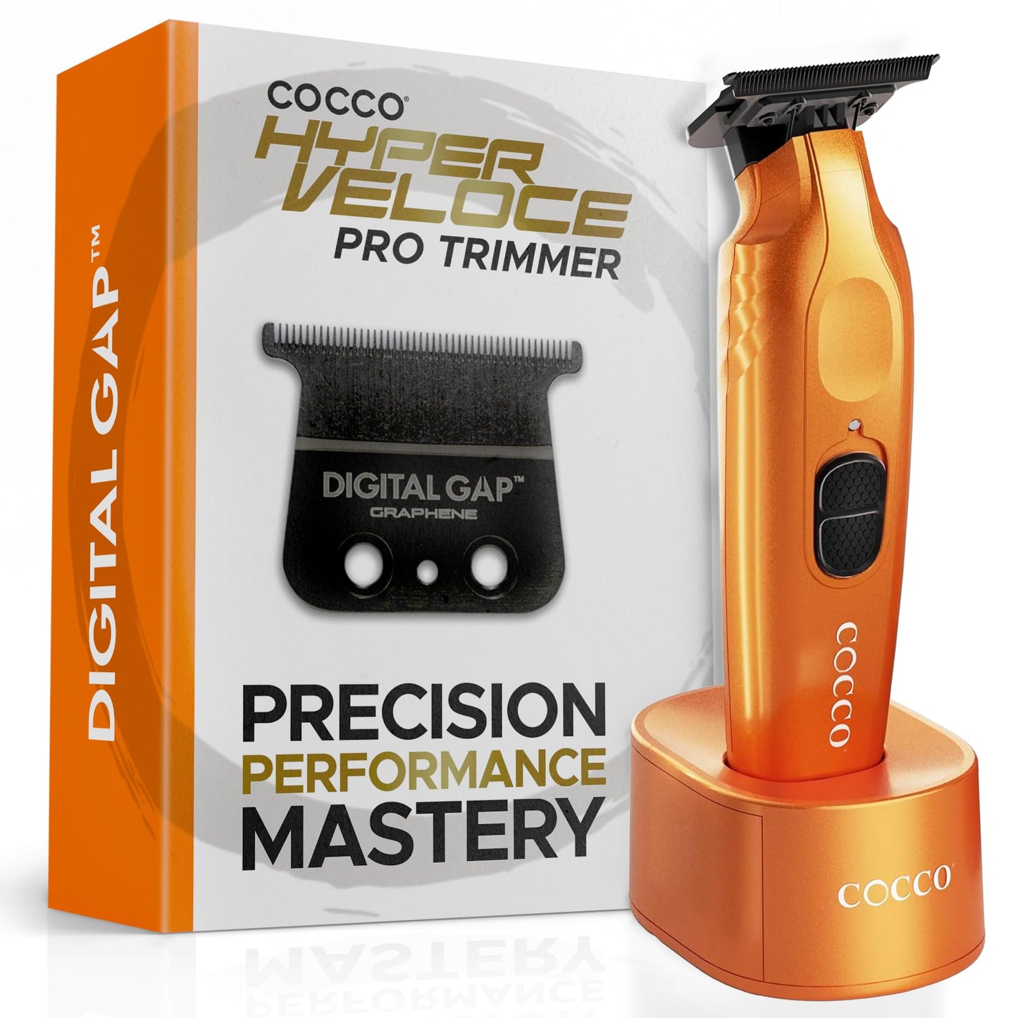 Cocco Hyper Veloce Pro Trimmer, Digital Gap Graphene Blade Edger, High-Torque Brushless BLDC Motor, Cordless, All-Metal Design, Lithium-Ion Battery, Charging Base Included, Orange
