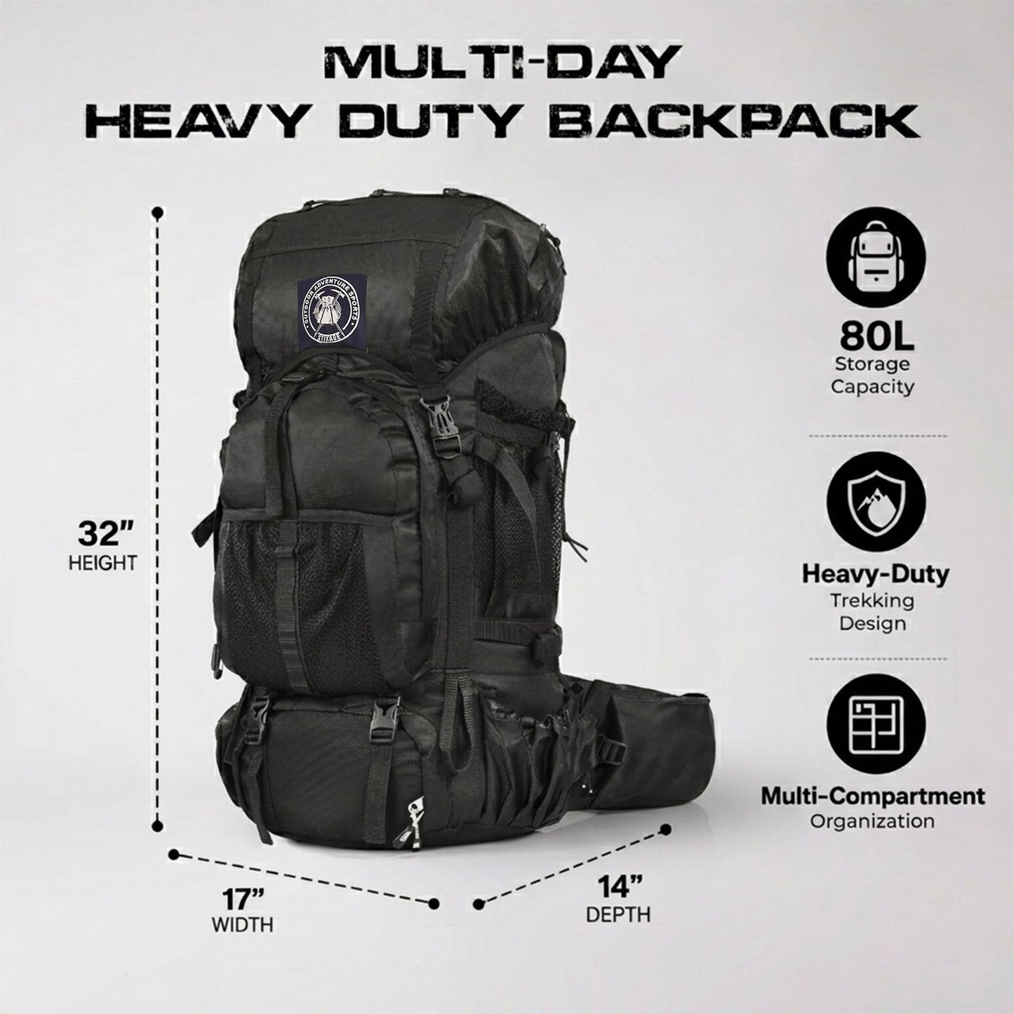 Stikage Expedition 80L Internal Frame Hiking Backpack for Men and Women – Lightweight Waterproof Trekking & Camping Backpack with Rain Cover – Adjustable Back Length, Hydration Bladder Compatible