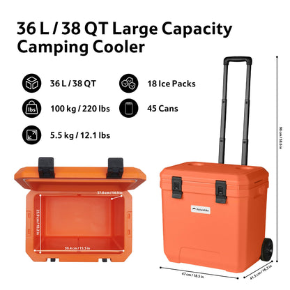 Naturehike 38 QT Wheeled Cooler, 6-Side PU Insulation Ice Chest 153-Hour Ice Retention, Rolling Hard Cooler Holds 45 Cans, 220 lb Seat, All-Terrain Wheels for Camping & Beach