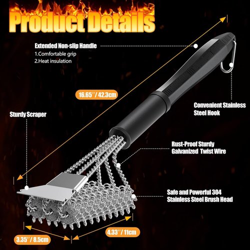 HOUSE AGAIN Grill Brush - Bristle-Free 304 Stainless Steel Head for Safe BBQ Cleaning | Perfect for Smoker & Porcelain Grills