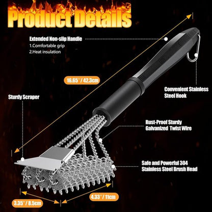 HOUSE AGAIN Grill Brush - Bristle-Free 304 Stainless Steel Head for Safe BBQ Cleaning | Perfect for Smoker & Porcelain Grills