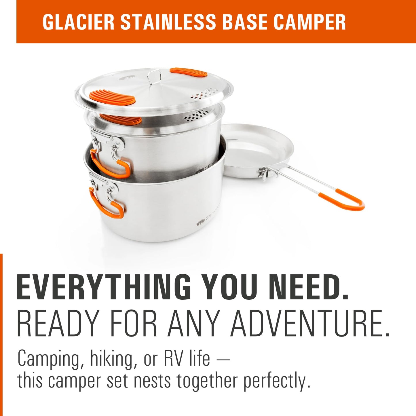 GSI Outdoors Glacier Stainless Steel Base Camper - Medium - 3 Pieces Cookset - Compact, & Durable Pot Pan for Camping