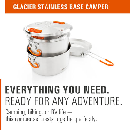 GSI Outdoors Glacier Stainless Steel Base Camper - Medium - 3 Pieces Cookset - Compact, & Durable Pot Pan for Camping