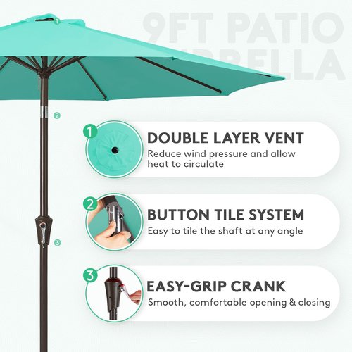 JEAREY 9FT Outdoor Patio Umbrella - Market Umbrella with Push Button Tilt & Crank | UV Protection, Waterproof (Teal)