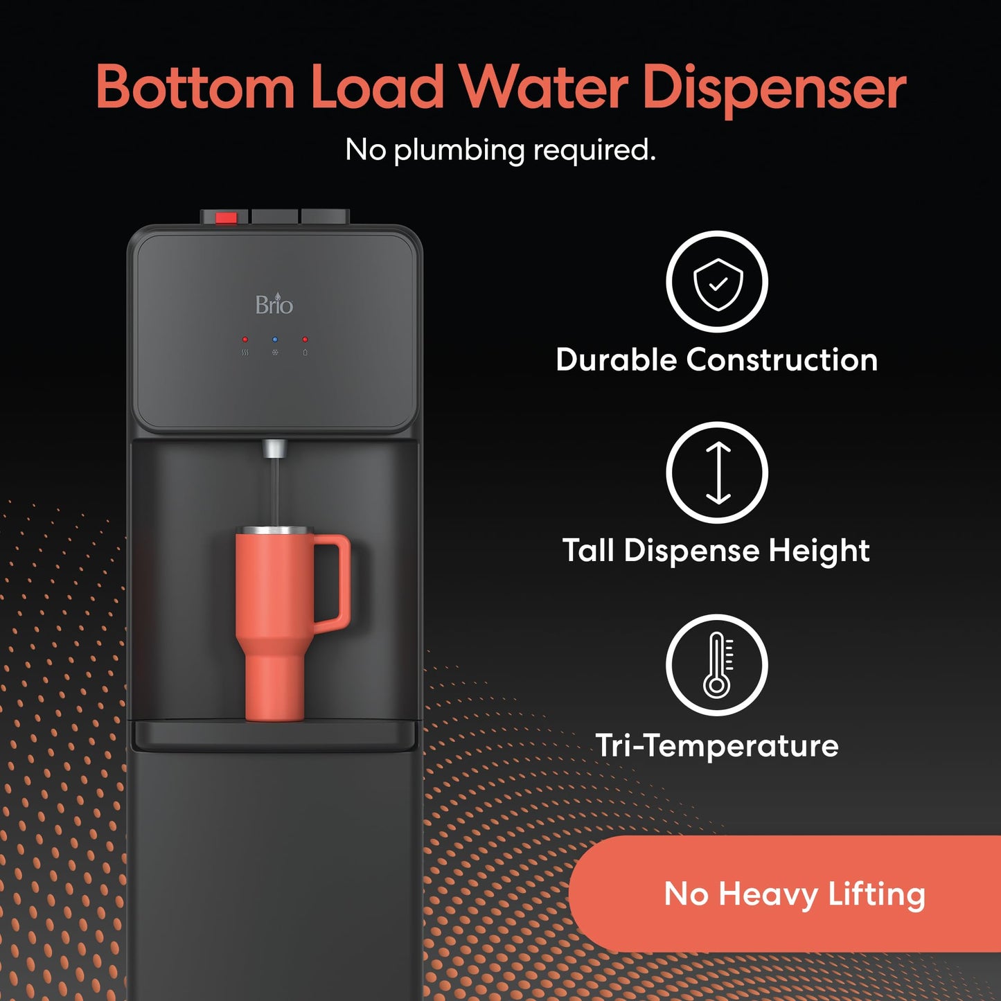 Brio 130 Series Bottom Load Water Cooler Dispenser for 5 Gallon Bottles, Hot, Room & Cold, Great for Home or Office, Child Safety Lock, Empty Bottle Alert, Energy Star 3.0, Black