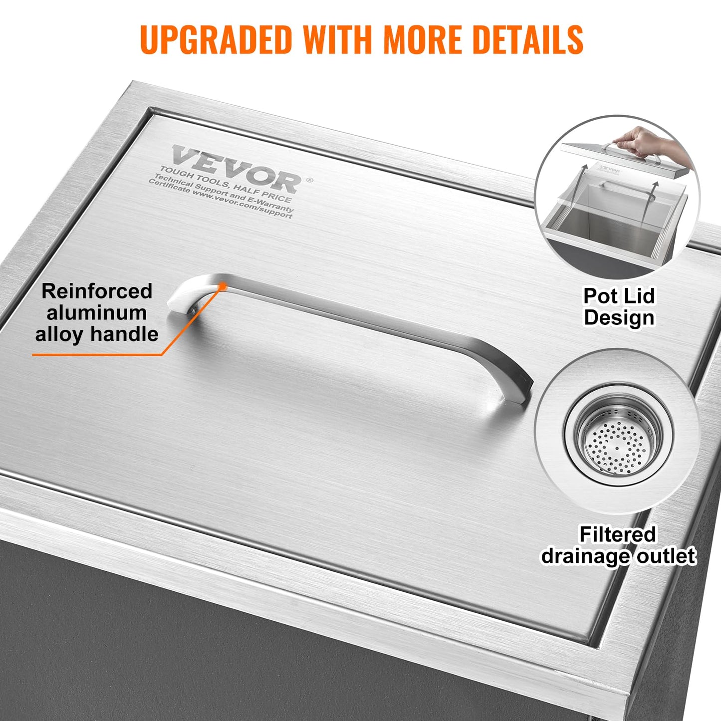 VEVOR Drop in Ice Chest, 14" L x 12" W x 18" H Stainless Steel Ice Cooler, Commercial Ice Bin with Cover, 40 qt Outdoor Kitchen Ice Bar, Drain-Pipe and Drain Plug Included, for Cold Wine Beer