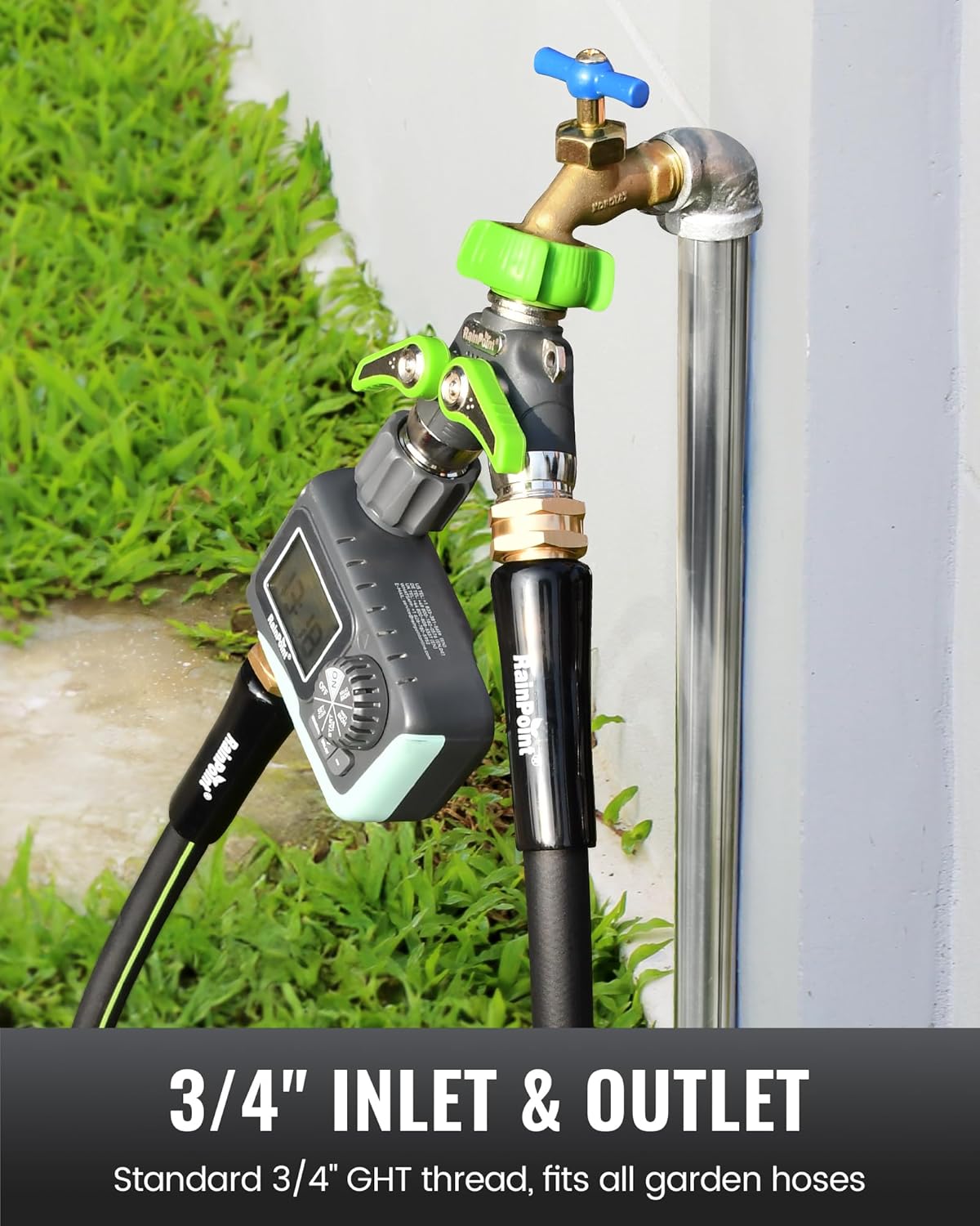 RAINPOINT Garden Hose Splitter - 2 Way Heavy Duty Y Spigot with Shutoff Valves & Metal Handle | 3/4" GHT Thread, Green