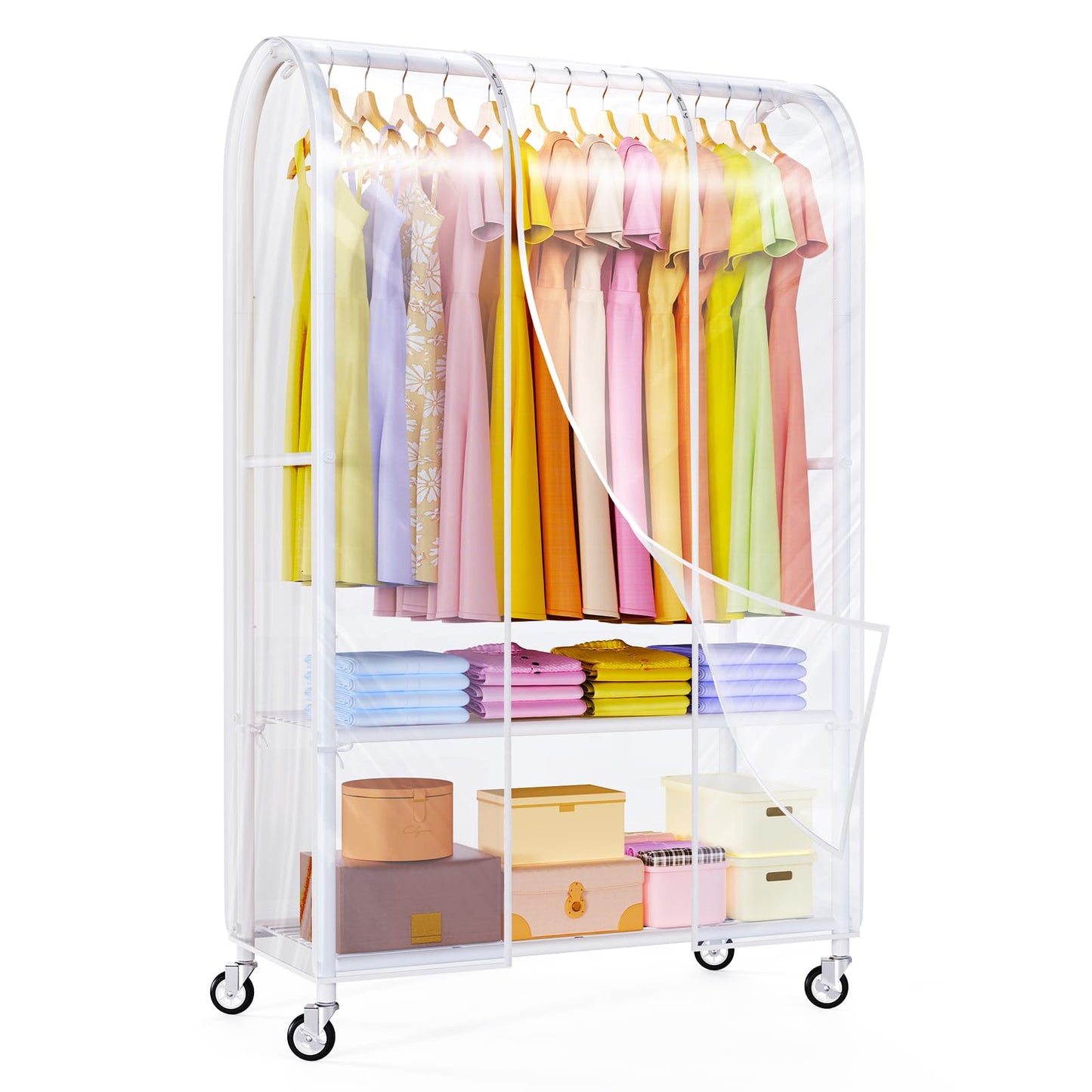 Univivi Clothes Rack with Clear Dust Cover, 2-in-1 Heavy-Duty Clothing Rack with Bottom Storage Shelf, Tool-Free Quick Assembly Portable Closet Rack for Hanging Clothes and Bedroom Closet Organization