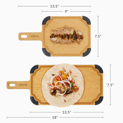 Elihome Paddle Series 2-in-1 Cutting & Serving Board Set with handle, Juice Groove, Dishwasher Safe, Non-slip Feet, Reversible, Wood Fiber Composite, Eco-Friendly, Non-Porous,BPA Free, 2pcs set