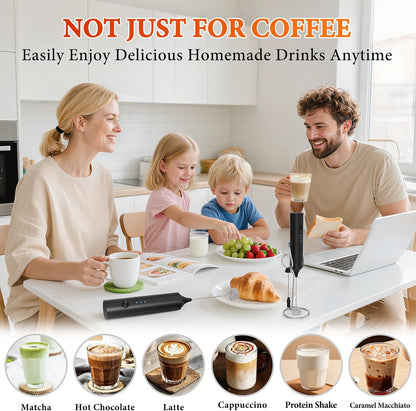 Skiennix Milk Frother - Rechargeable Handheld Drink Mixer with 3 Speed Settings & 3 Whisks | Black