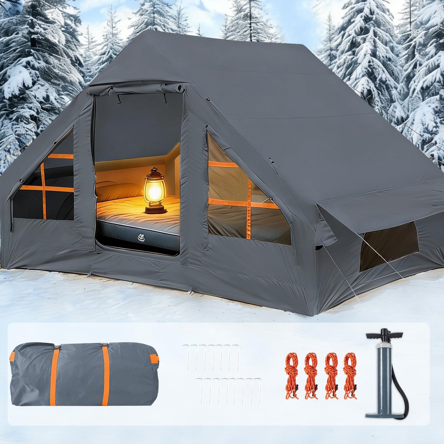 SANHOVO Inflatable Tents for Camping - Easy Blow Up Glamping Tent with Hand Pump, Hot Tent with Stove Jack Waterproof PVC Air Inflatable Tent House for Family Weekend Camping
