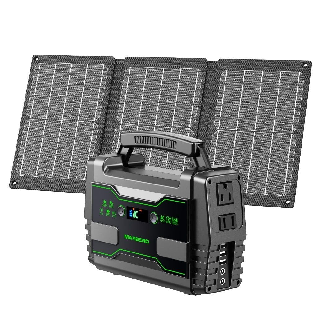 MARBERO Solar Generator 155Wh with 30W Solar Panel Portable Power Station with 2x 100W AC Outlets(Peak 150W), QC3.0 USB UL Certified for Home Blackout, Camping, RV Travel, Ultra-Light & Silent Fan