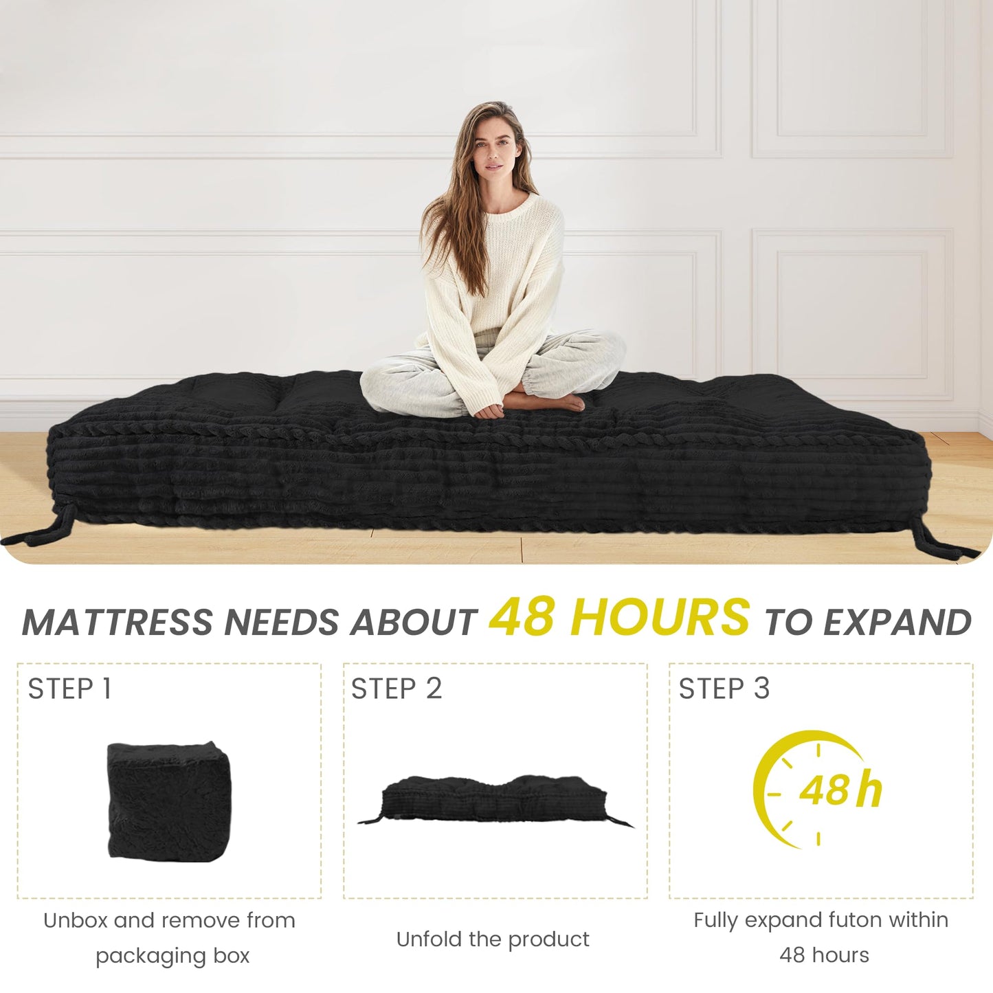 8” Futon Mattress Full Size 54” x 80”, Futon Sofa Couch Bed with Twisted Rope Design Edging, Extra Thick Corded Floor Futon Mattress Sleeping Mat for Adults, Camping, Dorm, Black(Frame Not Included)
