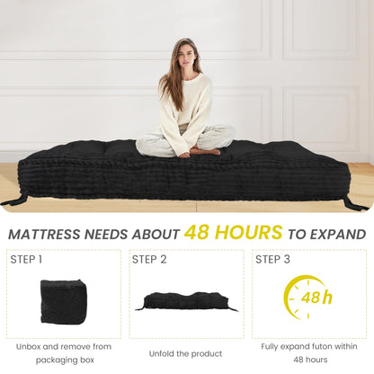 8” Futon Mattress Full Size 54” x 80”, Futon Sofa Couch Bed with Twisted Rope Design Edging, Extra Thick Corded Floor Futon Mattress Sleeping Mat for Adults, Camping, Dorm, Black(Frame Not Included)