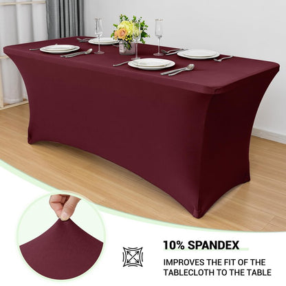 Obstal 8Ft Stretch Spandex Table Cover for Standard Folding Tables - 2 Pack Universal Rectangular Fitted Tablecloth for Party, Banquet, Events, Trade Show (Wine Red, 96L x 30W x 30H Inches)