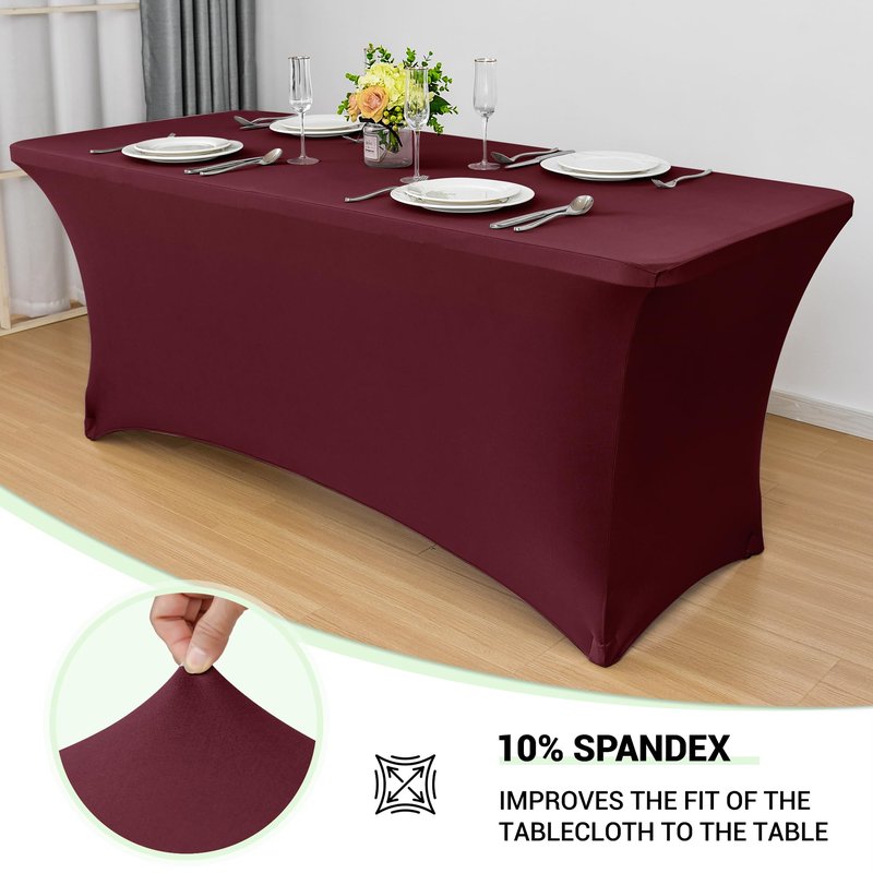 Obstal 8ft Stretch Spandex Table Cover for Standard Folding Tables - Universal Rectangular Fitted Tablecloth Protector for Party （Wine Red, 96 Length x 30 Width x 30 Height Inches）