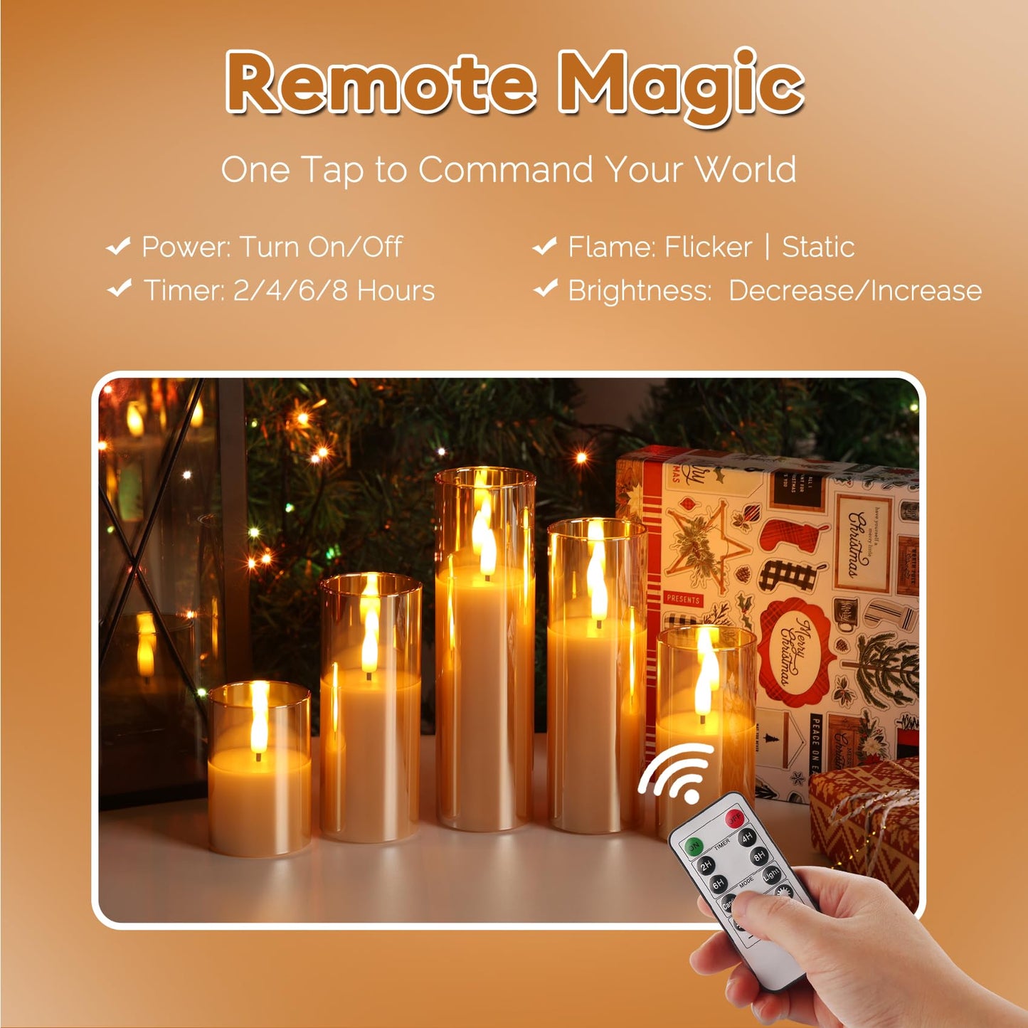 Girimax Gold Glass Flameless Candles with Remote Batteries, Flickering Slim LED Pillar Candles Home Table Decor Set of 5