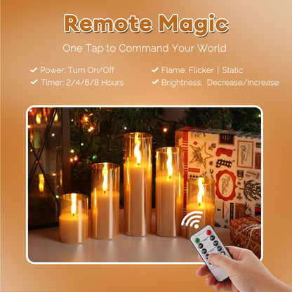 Girimax Gold Glass Flameless Candles with Remote Batteries, Flickering Slim LED Pillar Candles Home Table Decor Set of 5