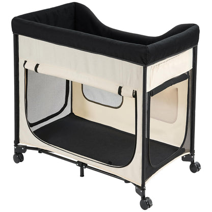 VEVOR Bedside Lounge Pet Bed, Foldable Bunk Dog Bed with 600D Oxford Cloth and Dutch Velvet, Portable Raised Cot with Wheels, Side Storage Bags, and Carry Bag for Cats & Dogs, L, Beige