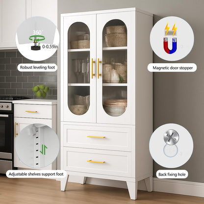 Takywep 73" Tall Pantry Cabinet, White Freestanding Storage Cabinet with Fluted Glass Door, 2 Spacious Drawers & Adjustable Shelves, Slim 14" Deep Organizer for Kitchen, Bathroom, Office, or Hallway