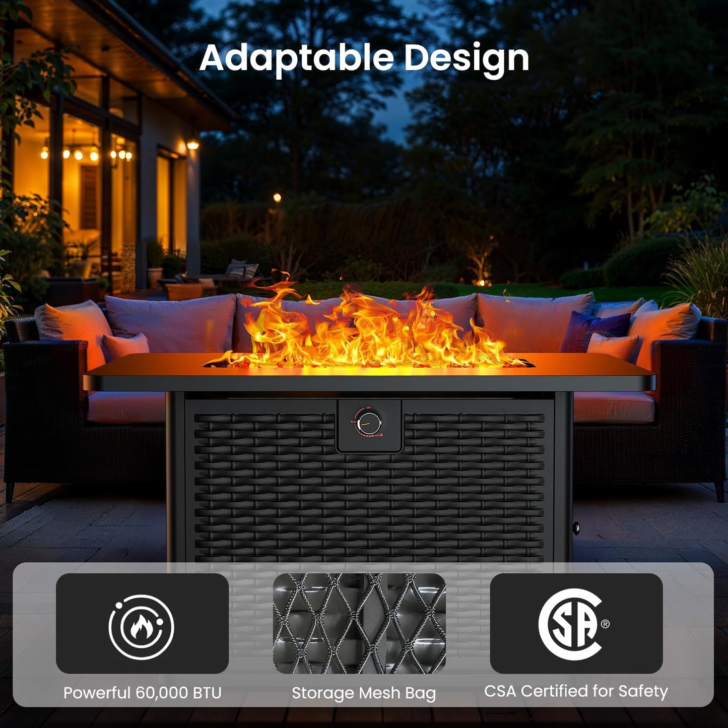 Ciays 43-Inch Rectangular Propane Fire Pit Table - 60,000 BTU, CSA-Certified 2-in-1 Design, 304 Stainless Steel H-Burner, Included Lava Rocks - Ideal for Gatherings & Parties