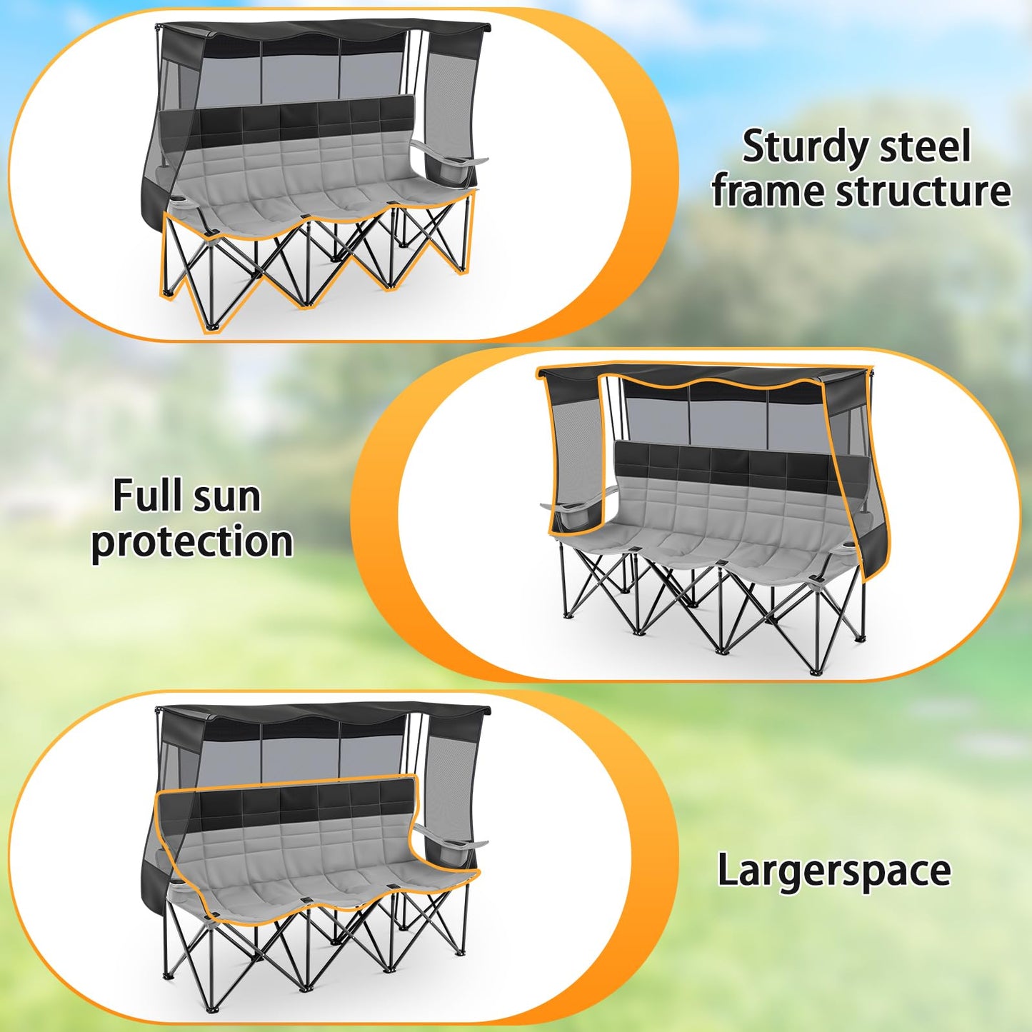 Teenyyou 3 Person Camping Chair with Canopy Shade -Oversized Beach Chair with UV Sun Protection, 700lbs Heavy Duty Foldable Loveseat with 2 Cup Holder & Storage for Beach Lawn Outdoor(Black and Grey)