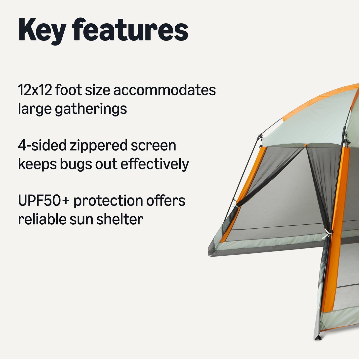 Amazon Basics Screened Canopy Tent, 12 x 12 ft with Zippered Enclosure, UPF50+ Sun Protection, Bug-Free Outdoor Shelter for Camping, Parties and Events