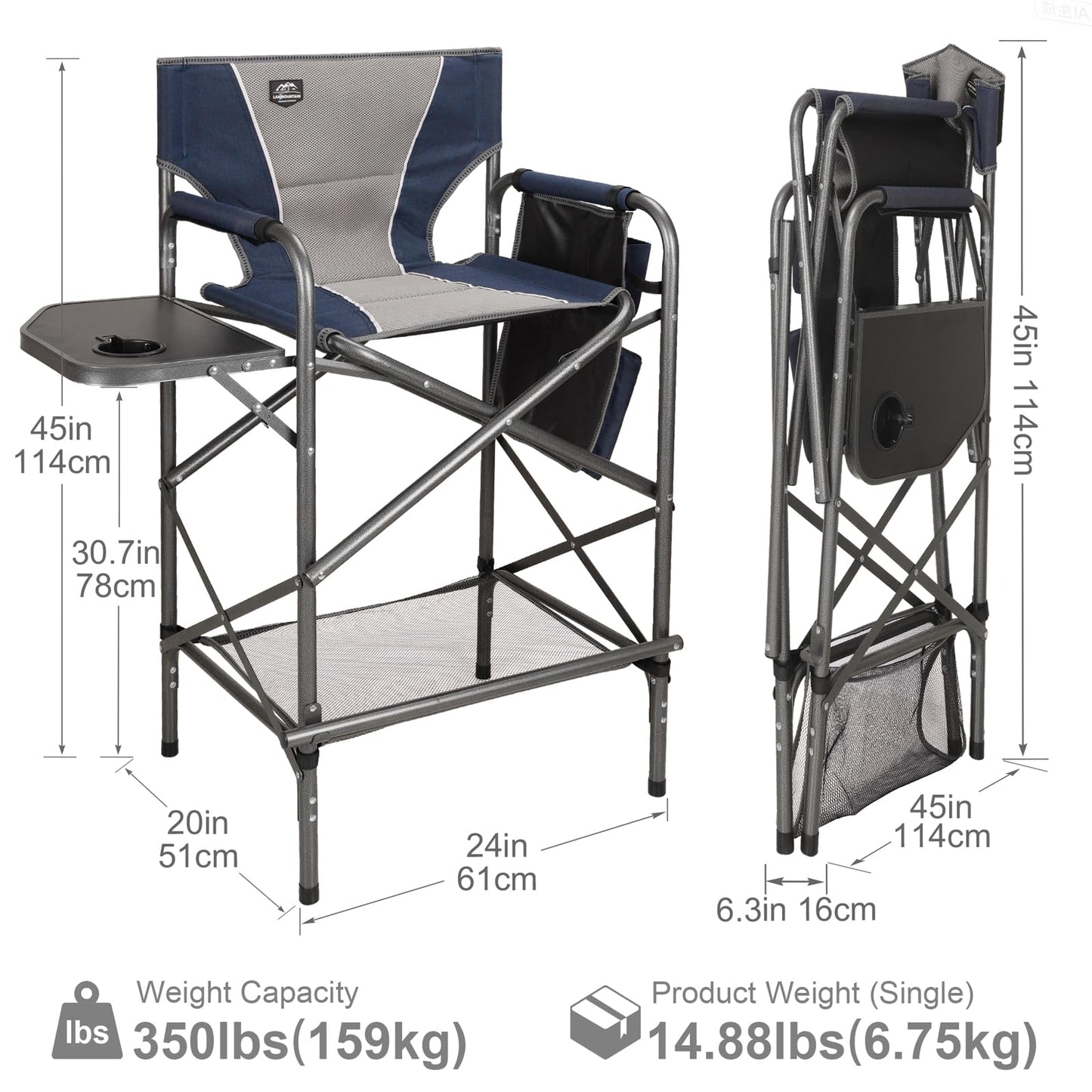 LANMONTAIN Folding Tall Director Chairs,30.7'' Seat High Makeup Solan Chairs,Portable Camping Chair w/Side Table Functional Pocket and Footrest,Comfy Bar Stool Heavy Duty Supports 350 Lbs,Blue