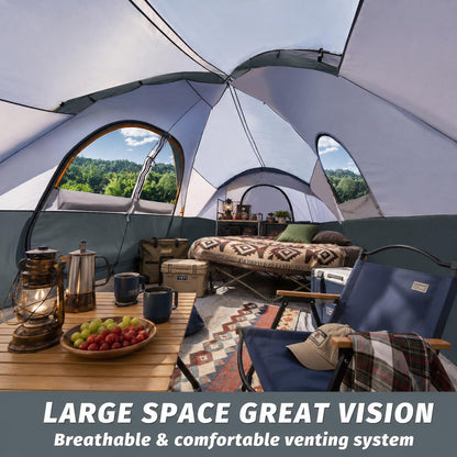 UNP Camping Tent 10-Person-Family Tents, Parties, Music Festival Tent, Big, Easy Up, 5 Large Mesh Windows, Double Layer, 2 Room, Waterproof, Weather Resistant, 18ft x 9ft x78in (Gray)